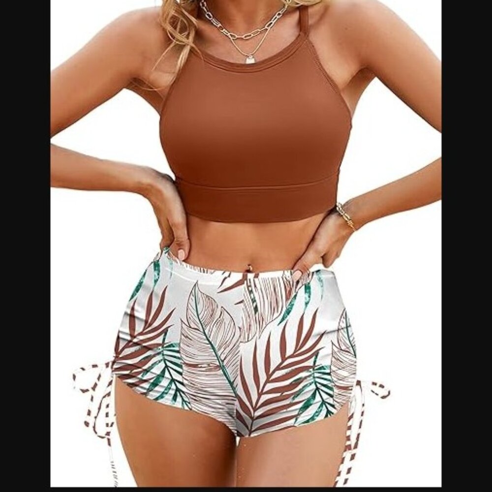 Brown Crop Swim Top with Leaf-Print Side-Tie Swim Shorts NWOT